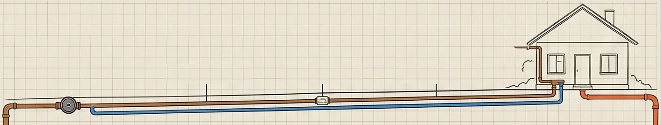 Side view of a house with water, sewer and gas pipes running from the building to the city mains