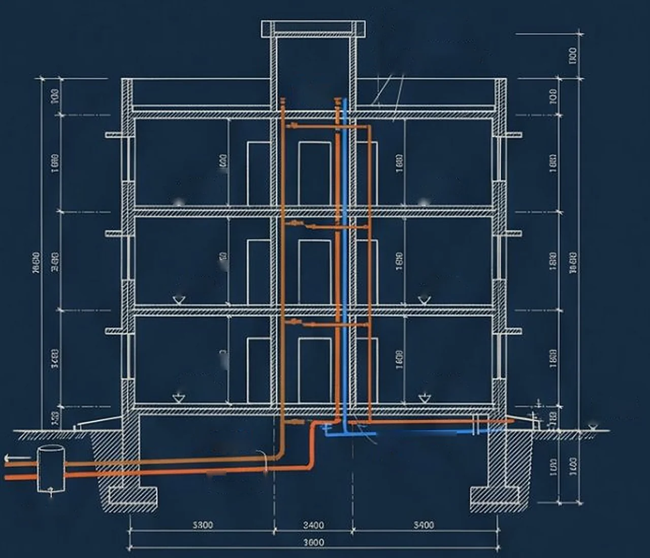 Engineering cross-section of a three-storey home with water, gas and sewer lines rising through every floor