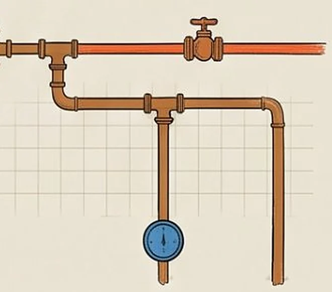 Copper riser with a branch line, a gate valve and a pressure gauge